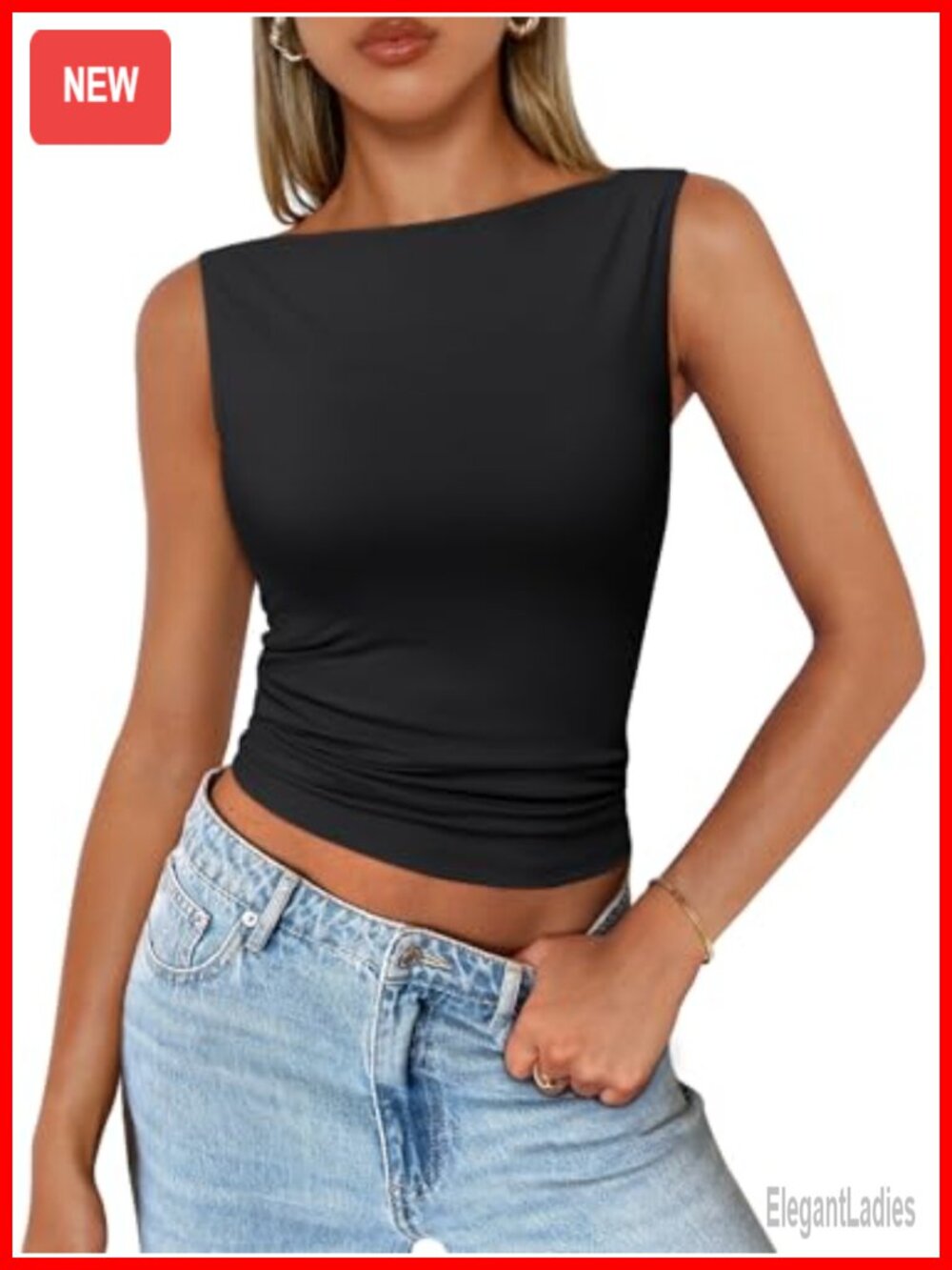 Nylon Spandex Boat Neck Sleeveless Tank Top Summer Going Out Top